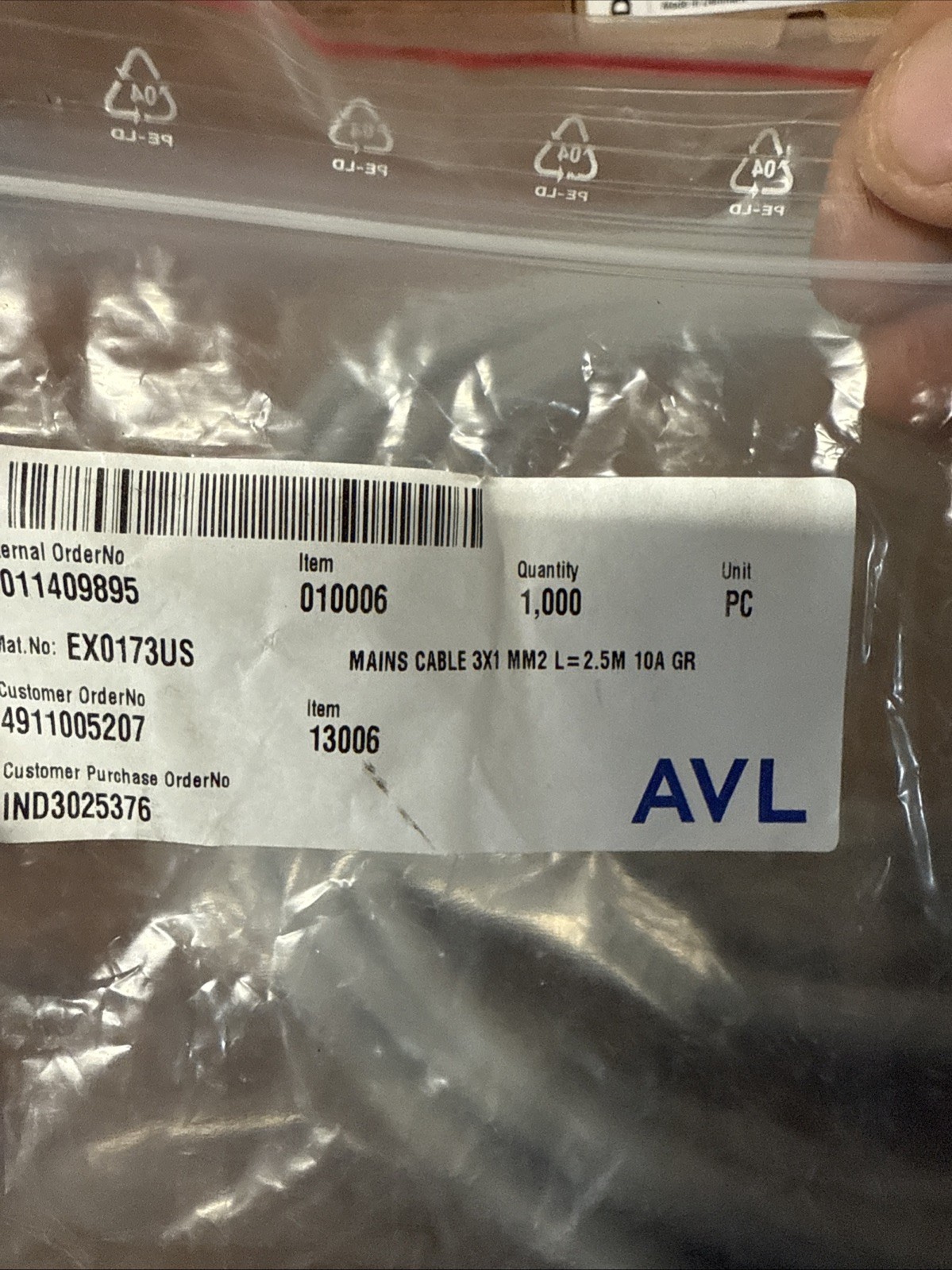 AVL 3x1mm² Power Cable 2.5m 10A Gray Industrial Cord Lot of 2 New