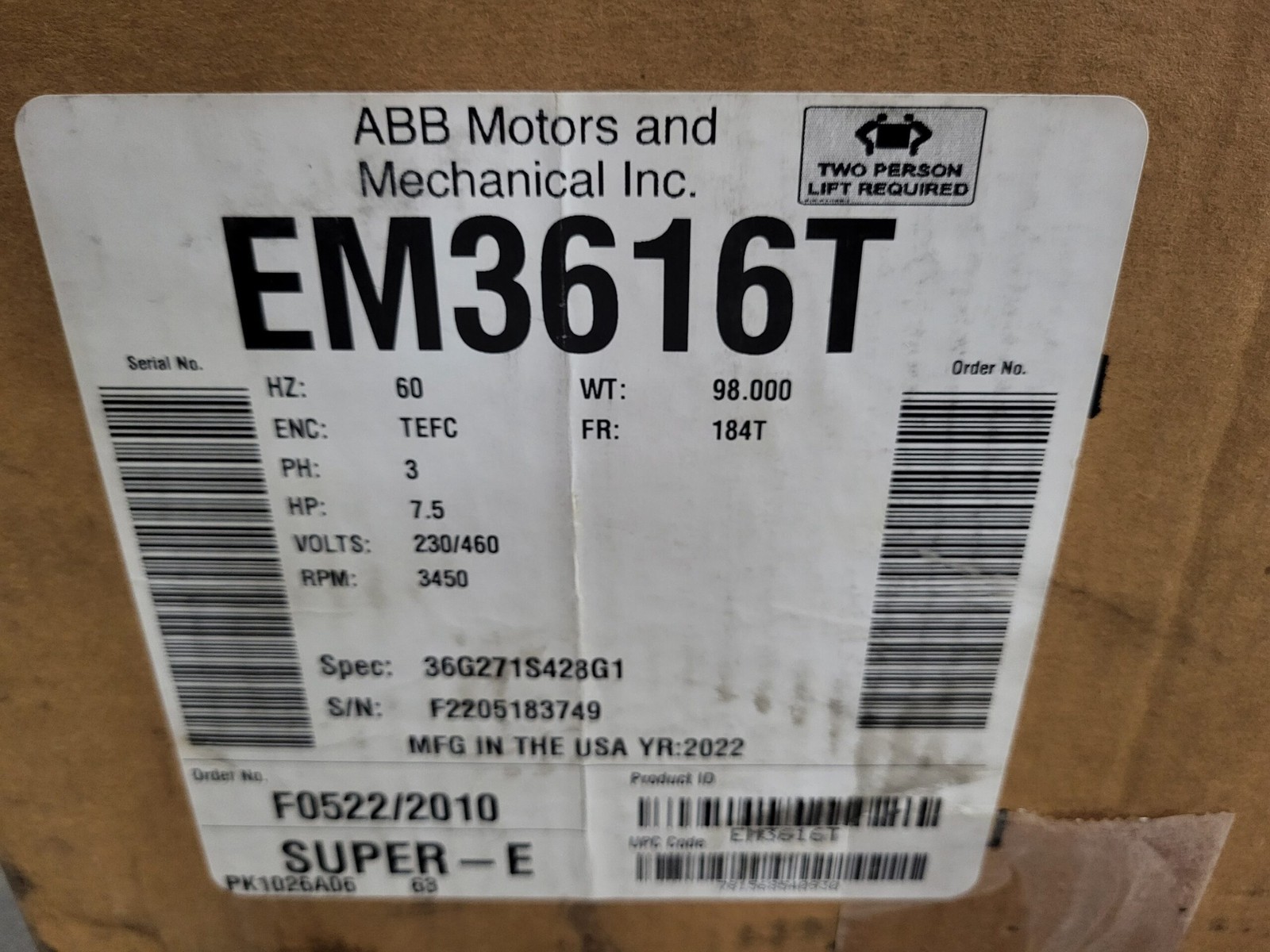 NEW BALDOR EM3616T MOTOR 7.5HP 3PH 3450RPM FR: 184T Spec: 36G271S428G1