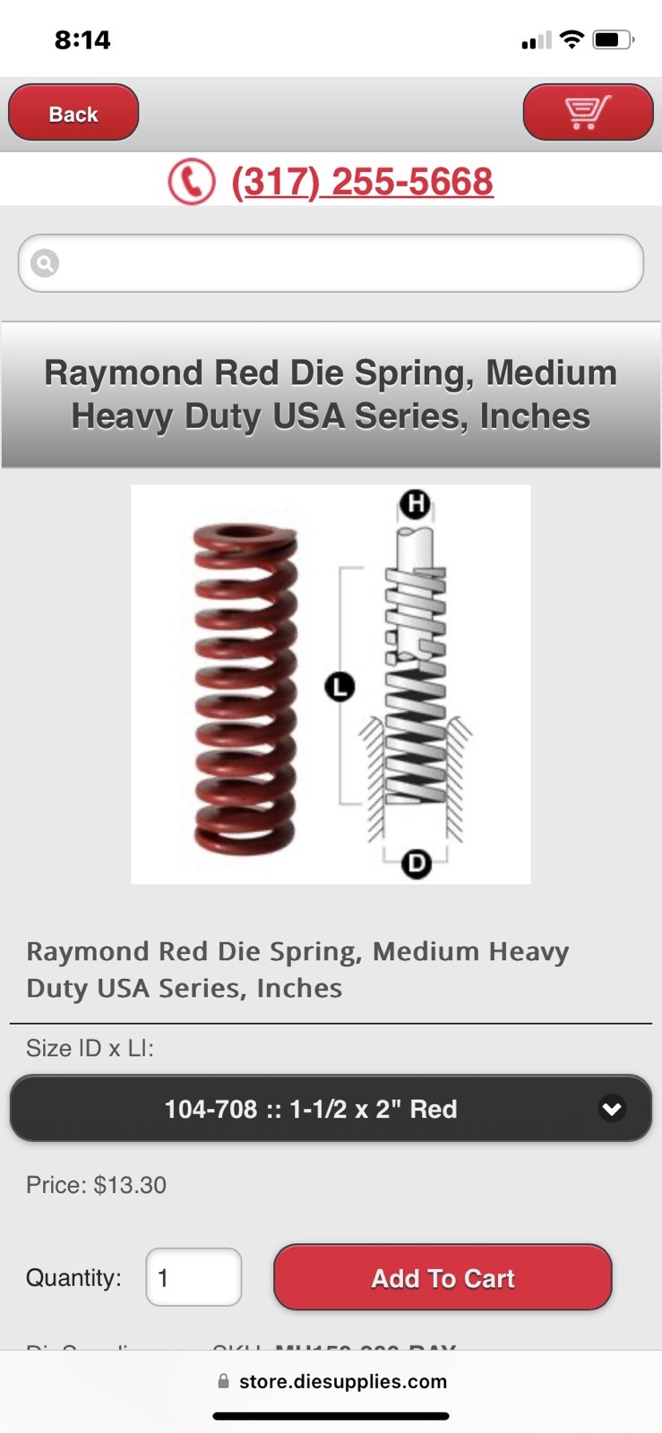 1-1/2 X 2 Inch Die Spring 104708 Medium Heavy Duty Red Raymond Coil