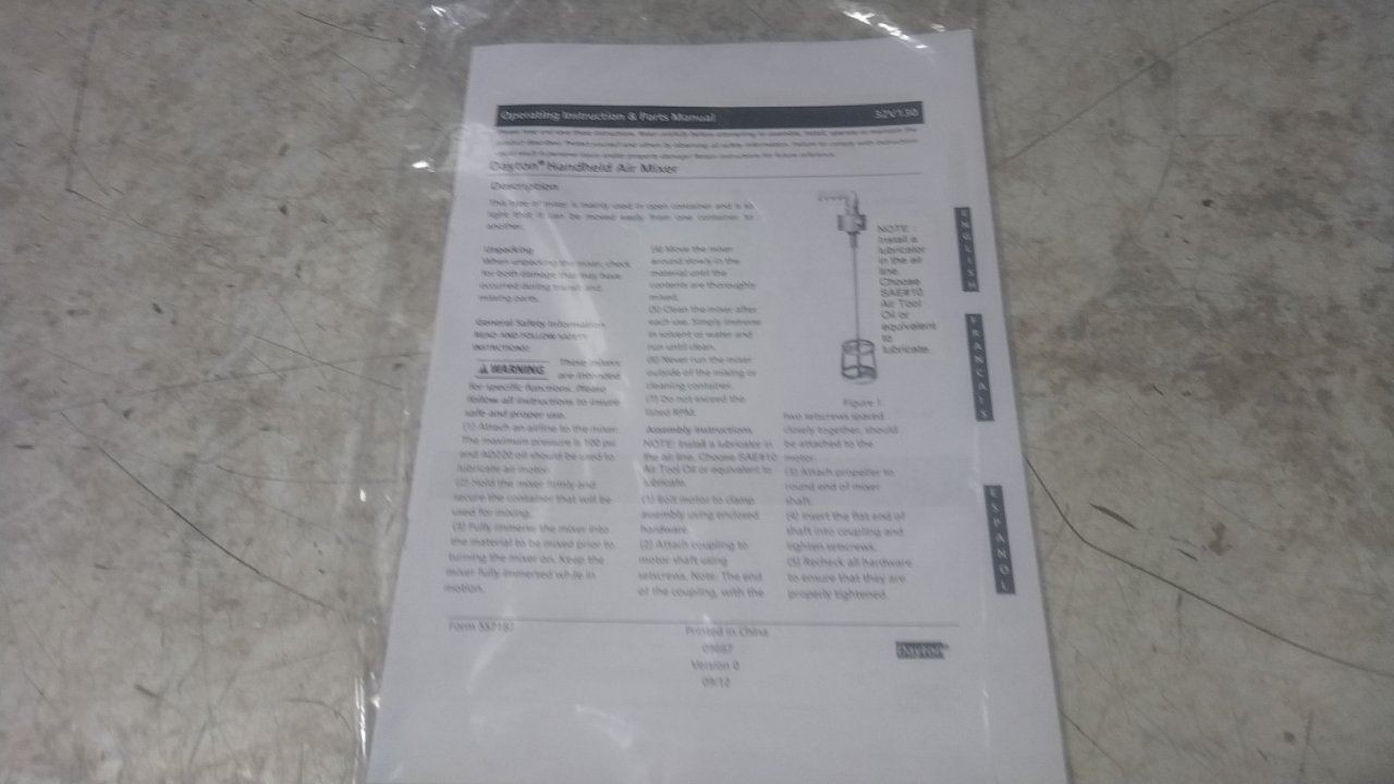 Dayton 32V130 1/2 HP 100 Max RPM 20-1/2 In Shaft Length Handheld Air Mixer