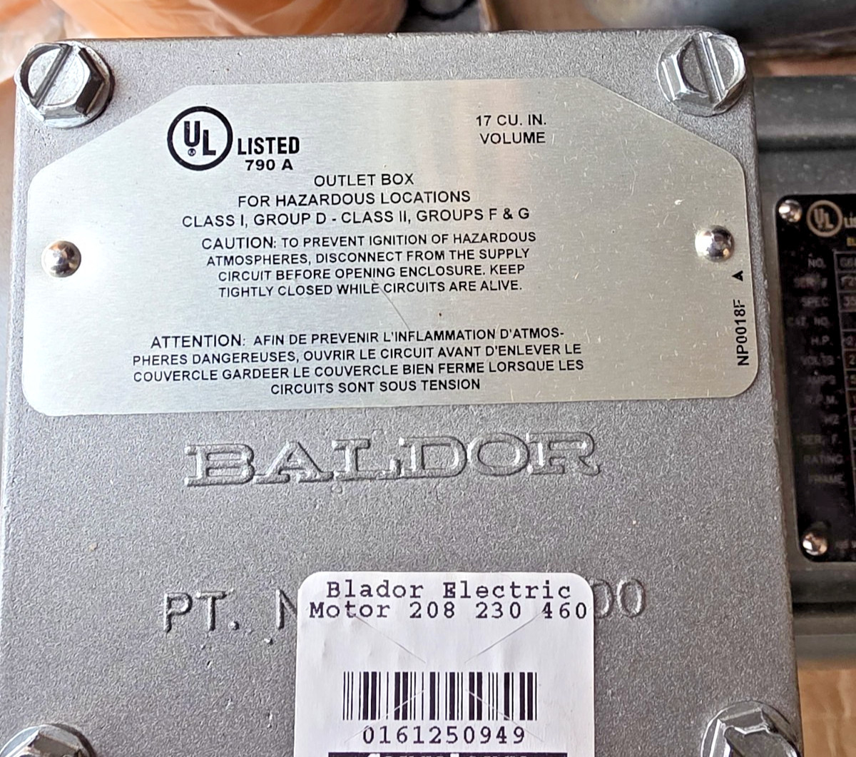 Baldor 2 HP Electric Motor 145TC 230/460V 3PH 1760/1465 RPM G68228656 New