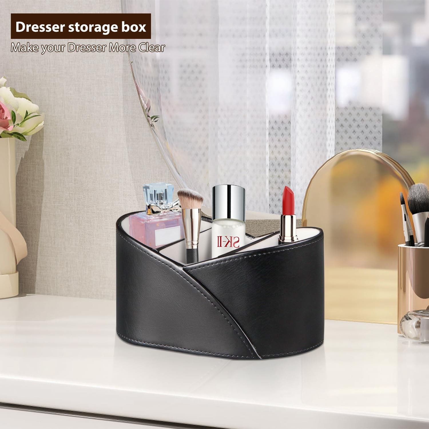 PU Leather TV Remote Control Holder with 3 Compartments, Bedside Table Black