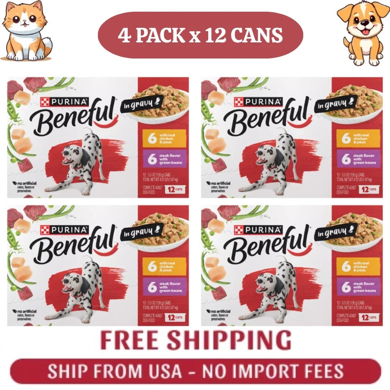 4 PACK Purina Beneful with Real Chicken or Steak Flavor in Gravy Wet Dog, 12 ct