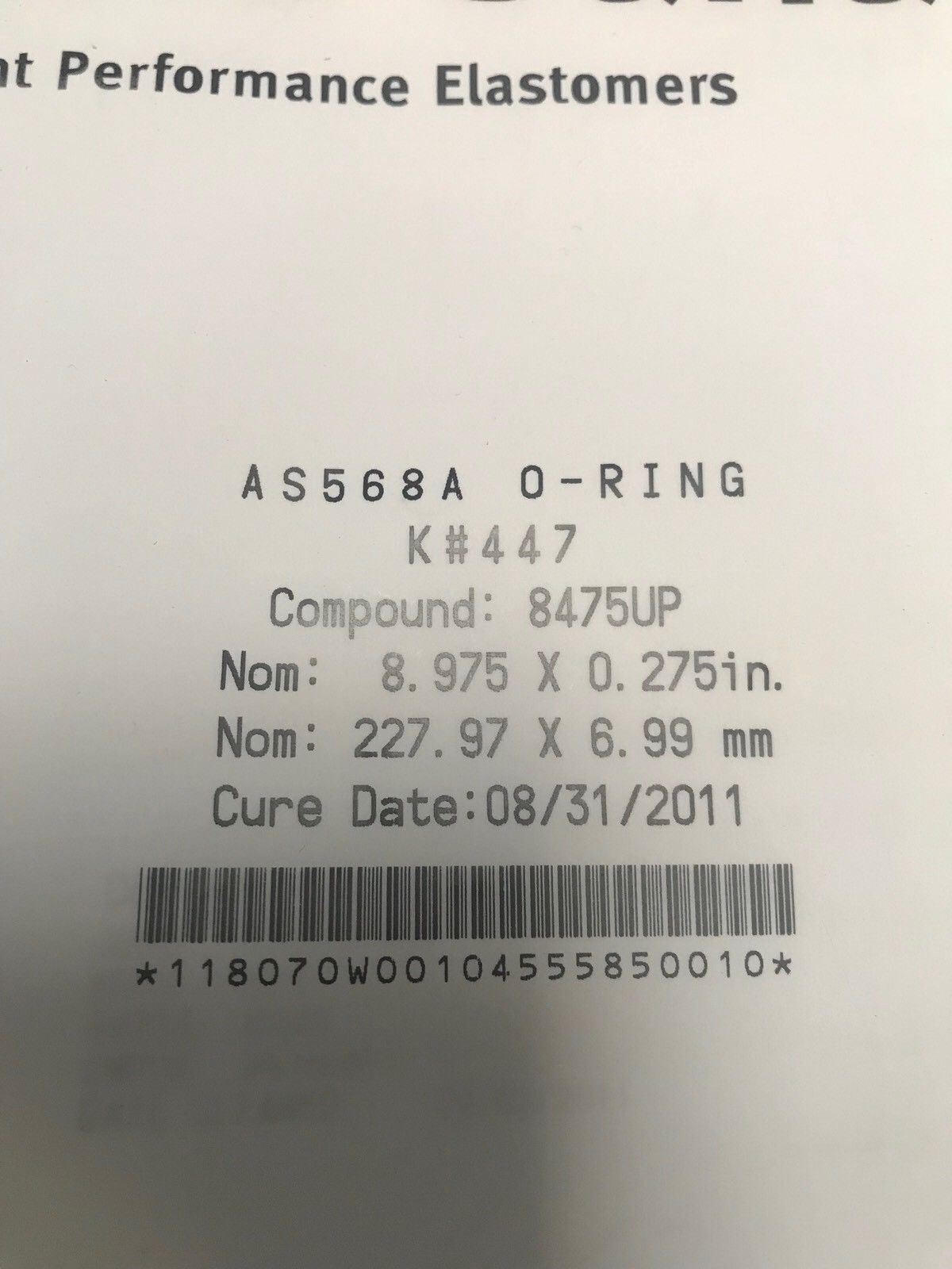 Kalrez Sahara O-Ring, AS-568A K# 447, Compound 8475UP, 9″ x 0.275″, New