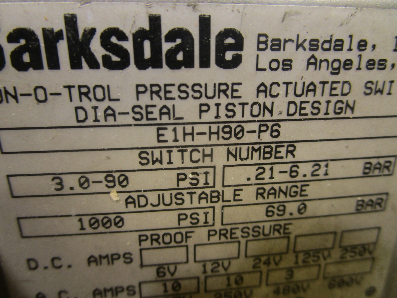 BARKSDALE E1H-H90-P6, 600V, 10A, 3-90PSI, PRESSURE SWITCH, T0452