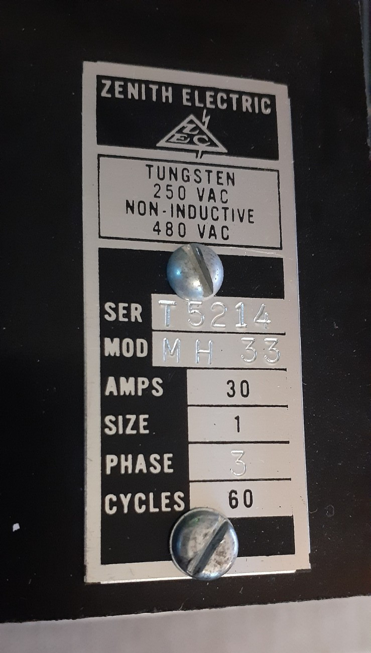 Zenith model MH-33 Ser T5214 3-Phase 30Amp Industrial Protection Relay