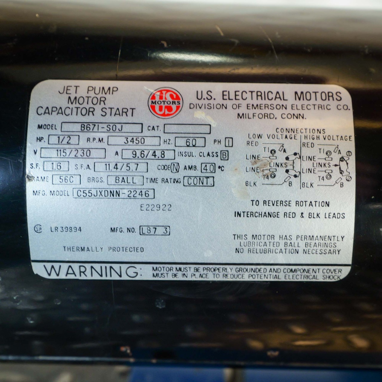 US Electrical Emerson B671 Jet Pump Motor 1/2 HP 115/230V Stainless Head