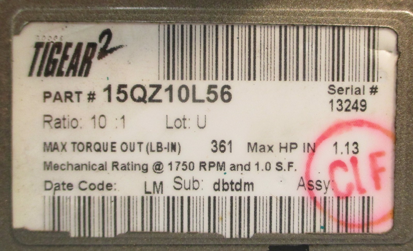 Dodge Tigear 2 15QZ10L56 Gearbox Ratio 10:1 56C 1.13 Max Hp 1750 RPM 3/4″ Shaft