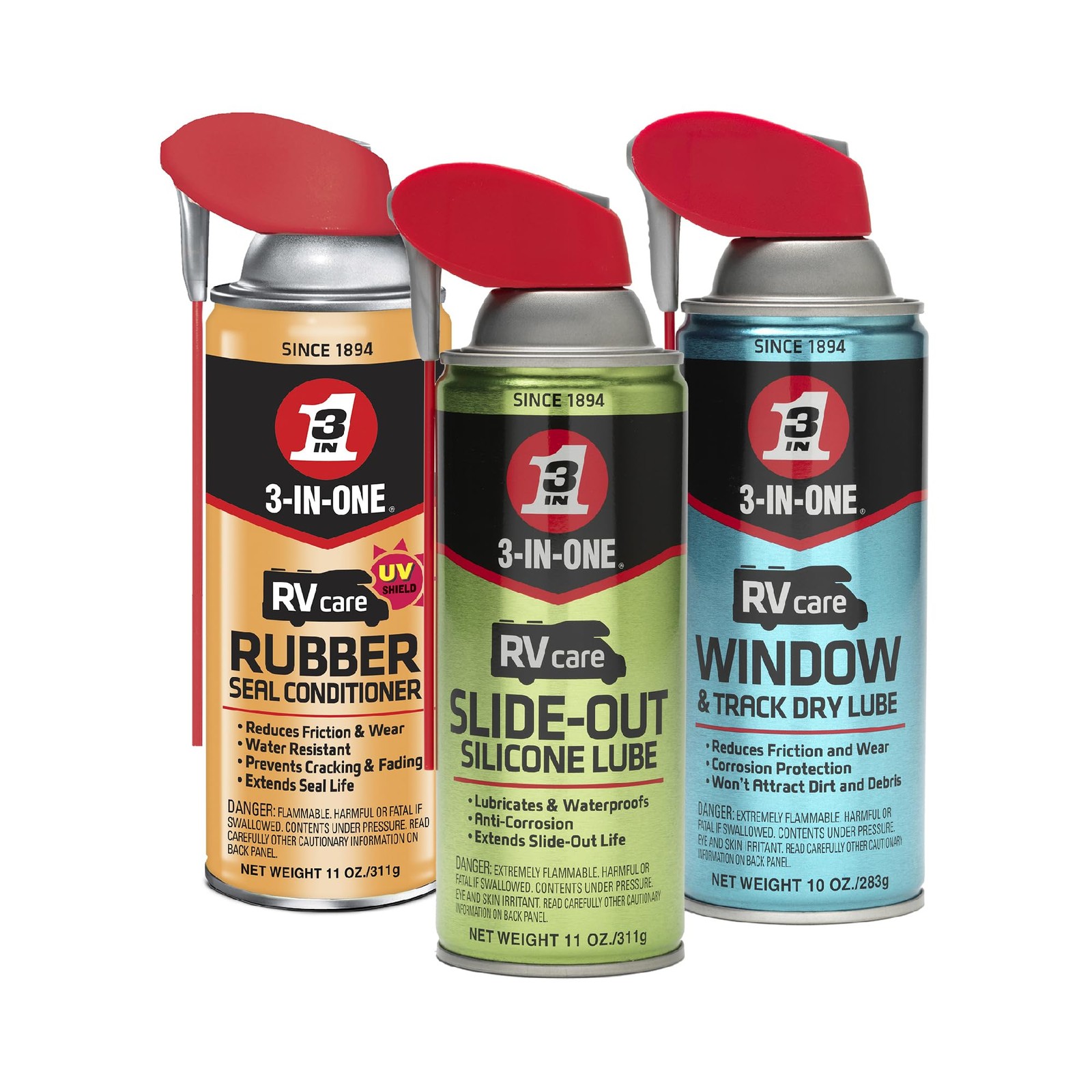 3-IN-ONE RV Care Trio Pack Slide Out Lube 11 oz Window Track 10 Rubber Seal