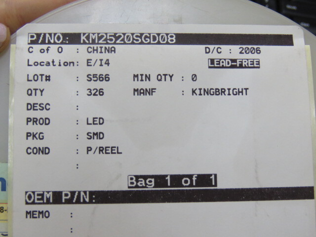 KINGBRIGHT KM2520SGD08 Qty of 326 per Lot LED, Green, SMD, 20 mA, 2.2 V, 568 nm