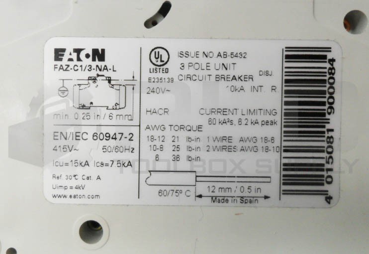 NEW EATON FAZ-C1/3-NA-L CIRCUIT BREAKER 1A 3P 240VAC