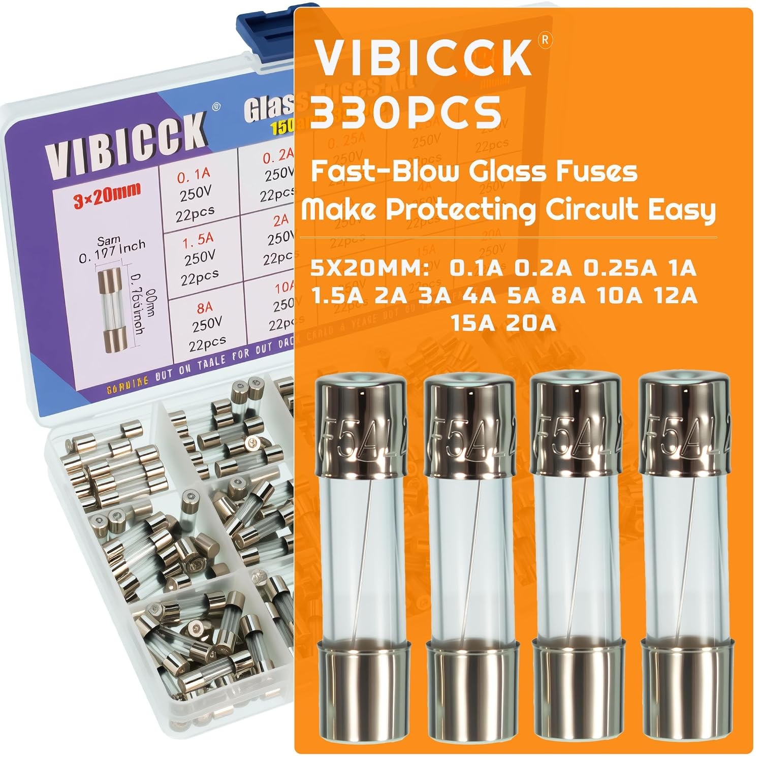 330Pcs 15Values Fast-Blow Glass Fuse Assortment Kit, 250V 0.1A/ 0.25A/ 0.2A/ 0.5