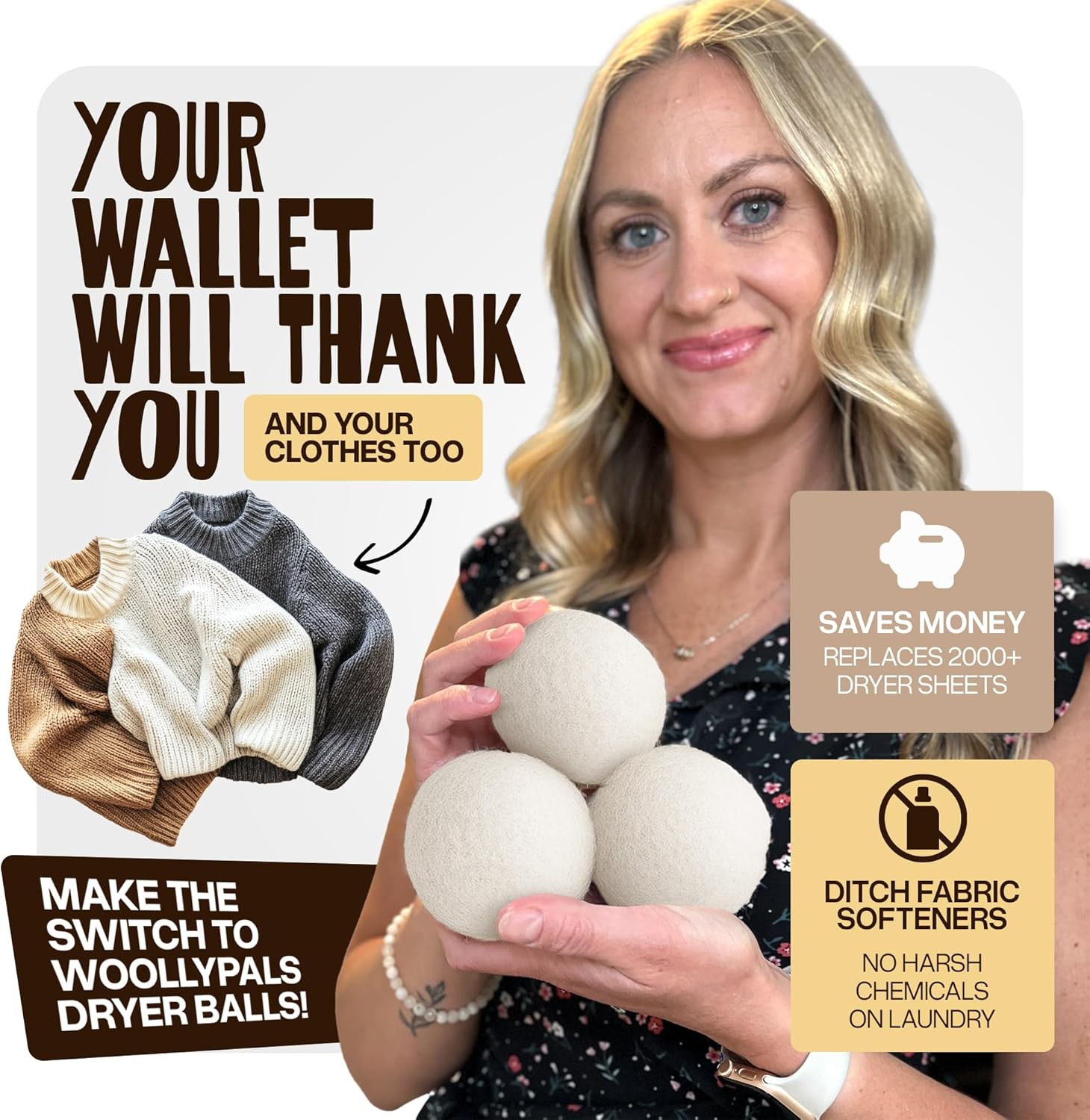 Woollypals Dryer Balls (6-Pack, XL Size) – 100% New Zealand Wool – No More Dryer