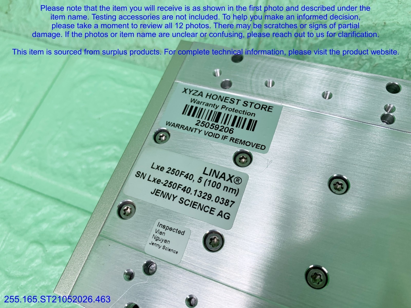 Jenny Science LINAX Lxe 250F40 Direct Motor MISSING Plug as in photos, sn:9206.