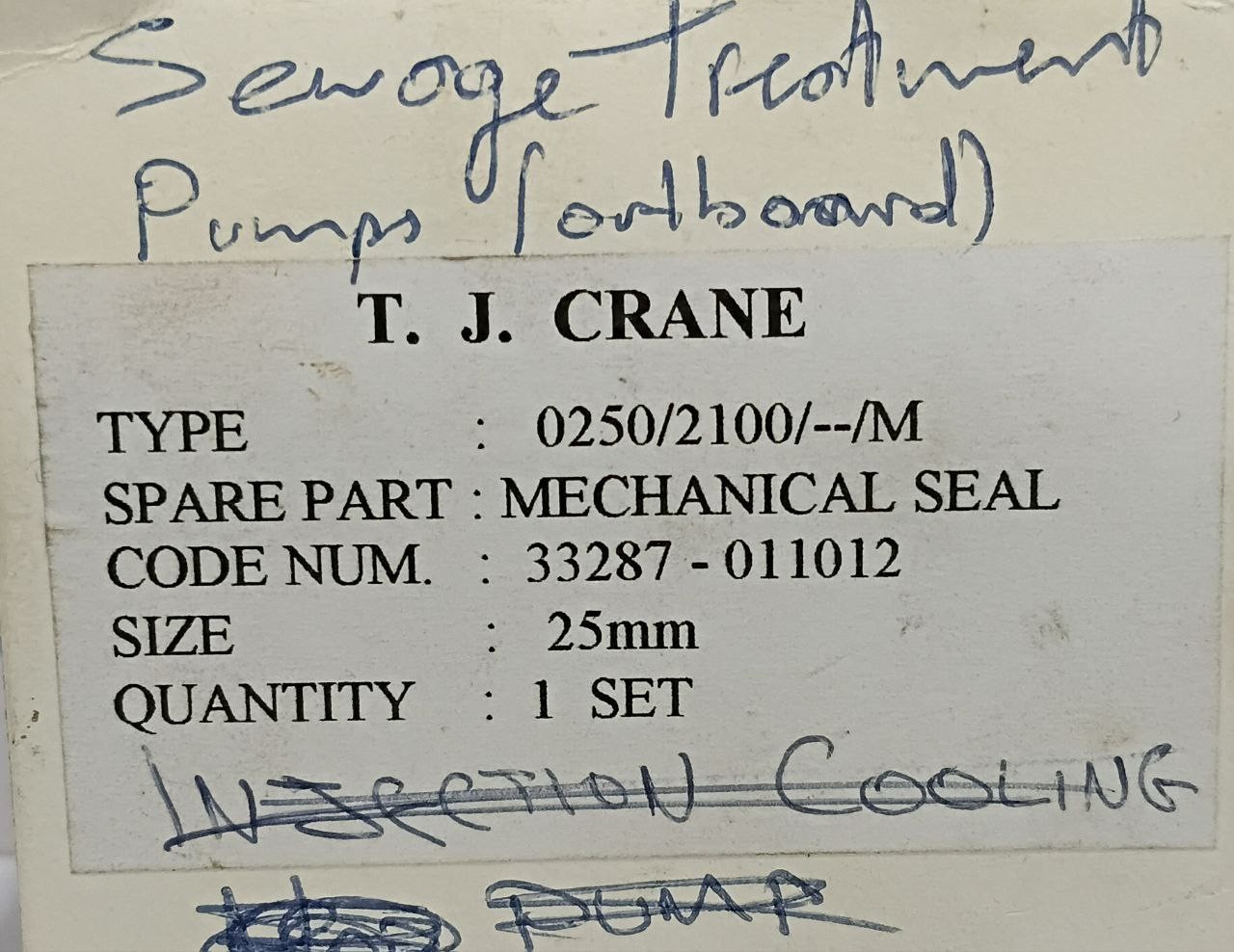 Mechanical Seal Type 0250/2100/–/M 33287-011012 Seal Size 25mm