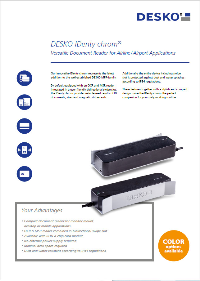 DESKO IDenty chrom 3001920 USB Passport ID Scanner OCR MSR IP54 Reader