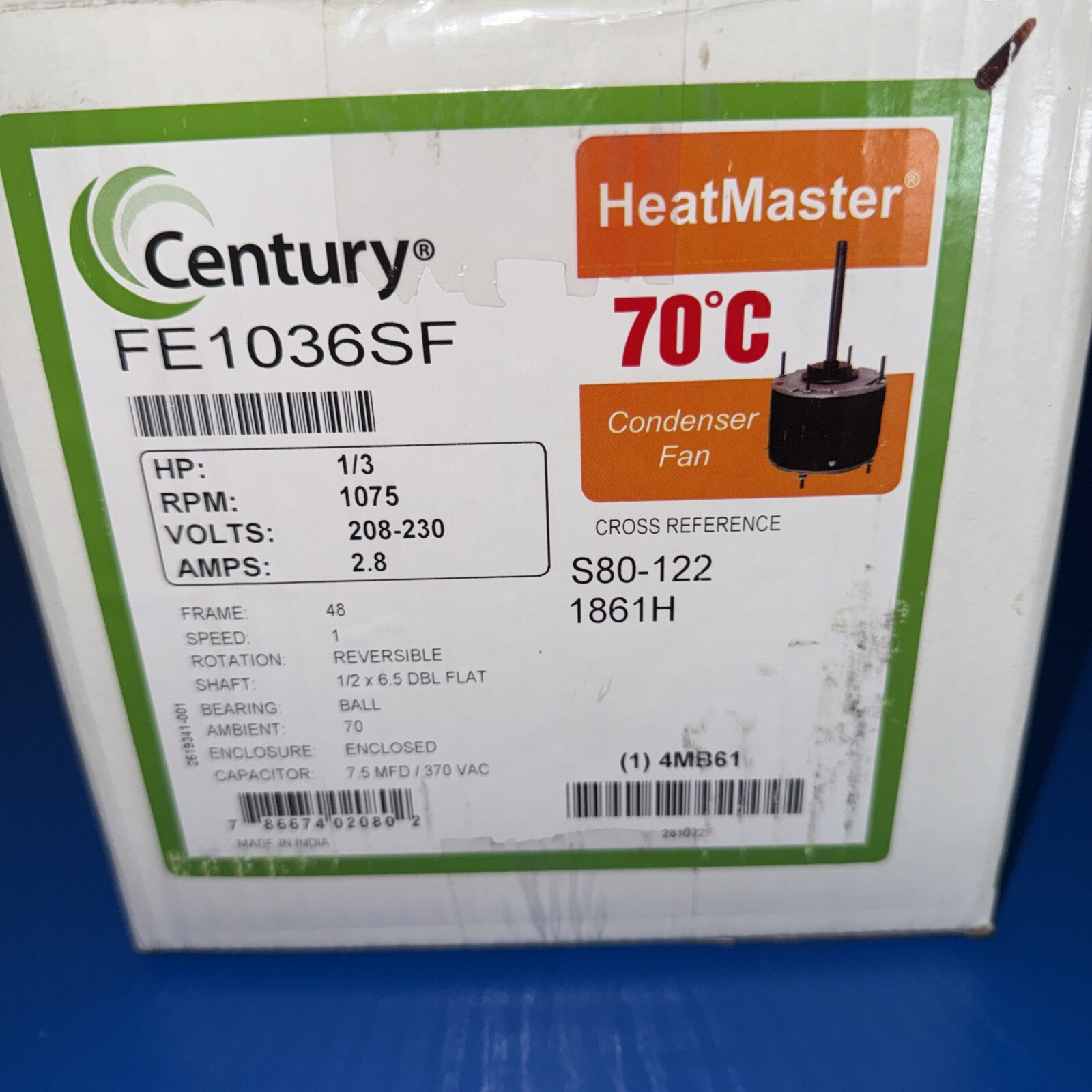 CENTURY FE1036SF Condenser Fan Motor,1/3 RPM 1075 ,S80-1221861H