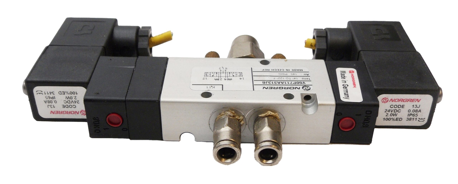 NORGREN V60P711AA313JB SOLENOID VALVE 145PSIG W/ (2) 13J COIL 24VDC 0.08A 2.W