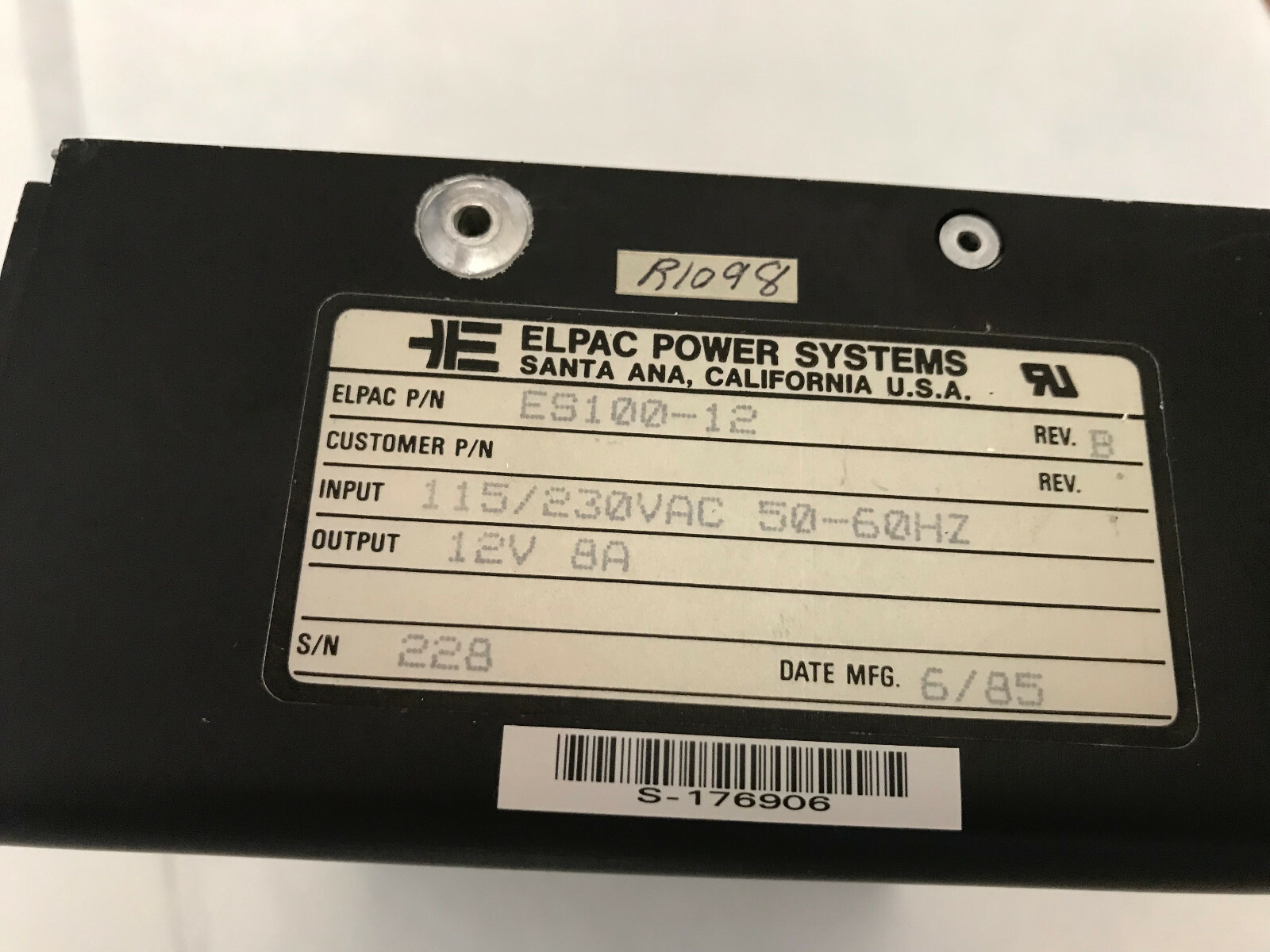 ELPAC POWER SYSTEMS ES100-12 POWER SUPPLY,INPUT=115/230VAC,OUTPUT=12V 8A,SN