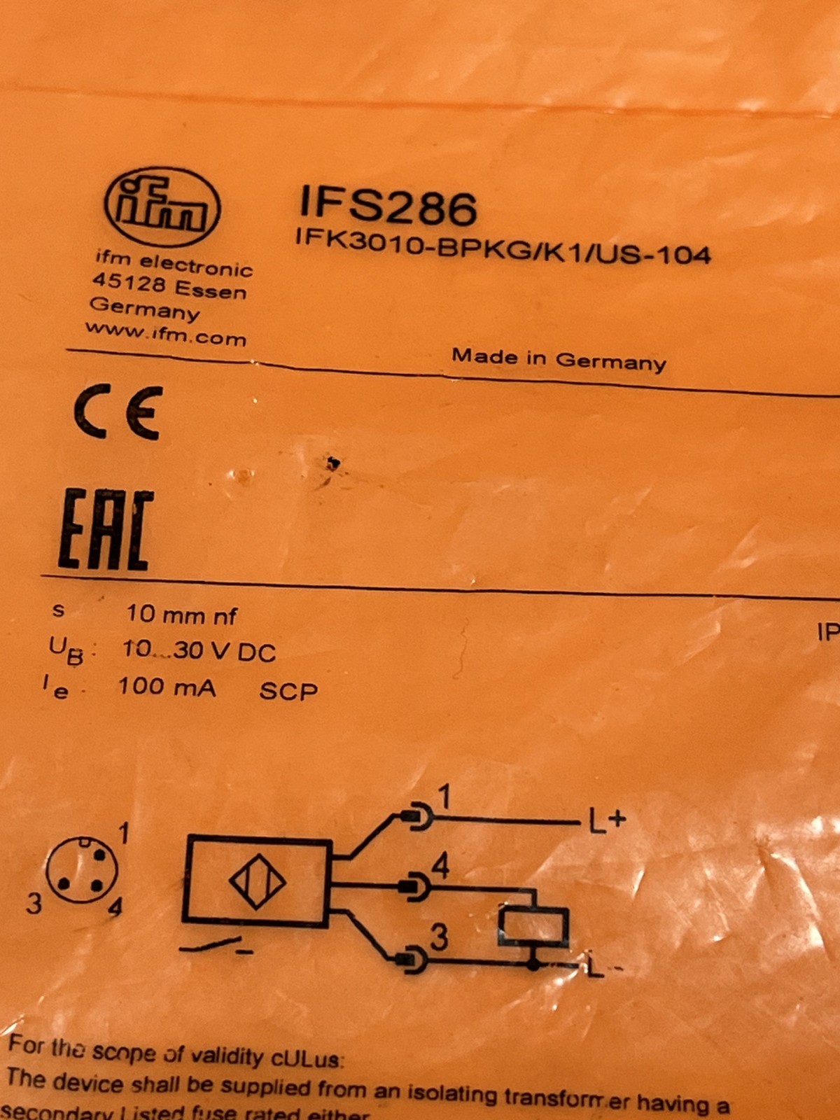 IFM IFK3010-BPKG/K1/US-104 INDUCTIVE SENSOR (IFS286) 10MM SEN 10-30VDC 100MA NIB