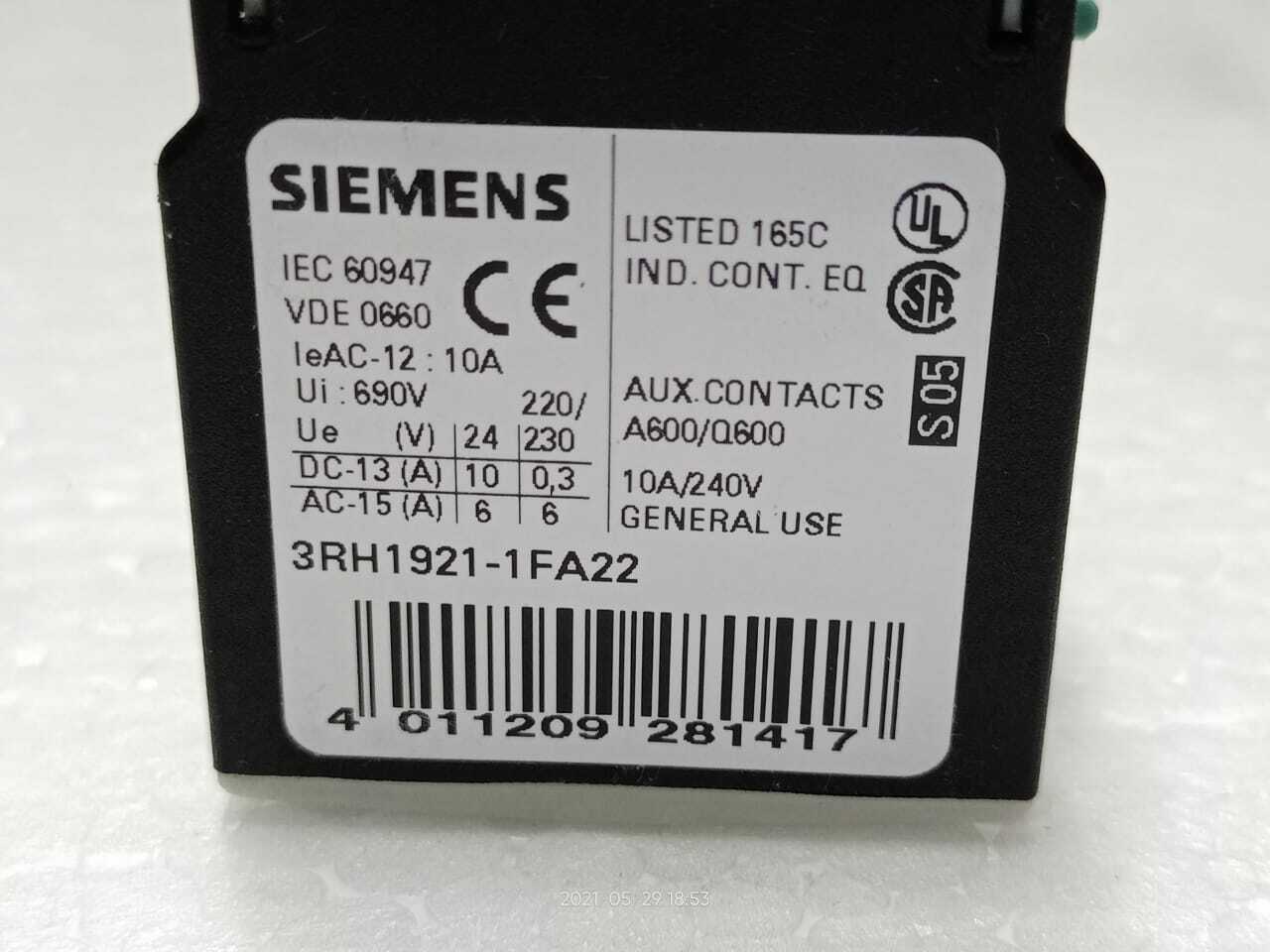 Siemens 3RH1921-1FA22 Aux. Contact Block 2NO + 2NC
