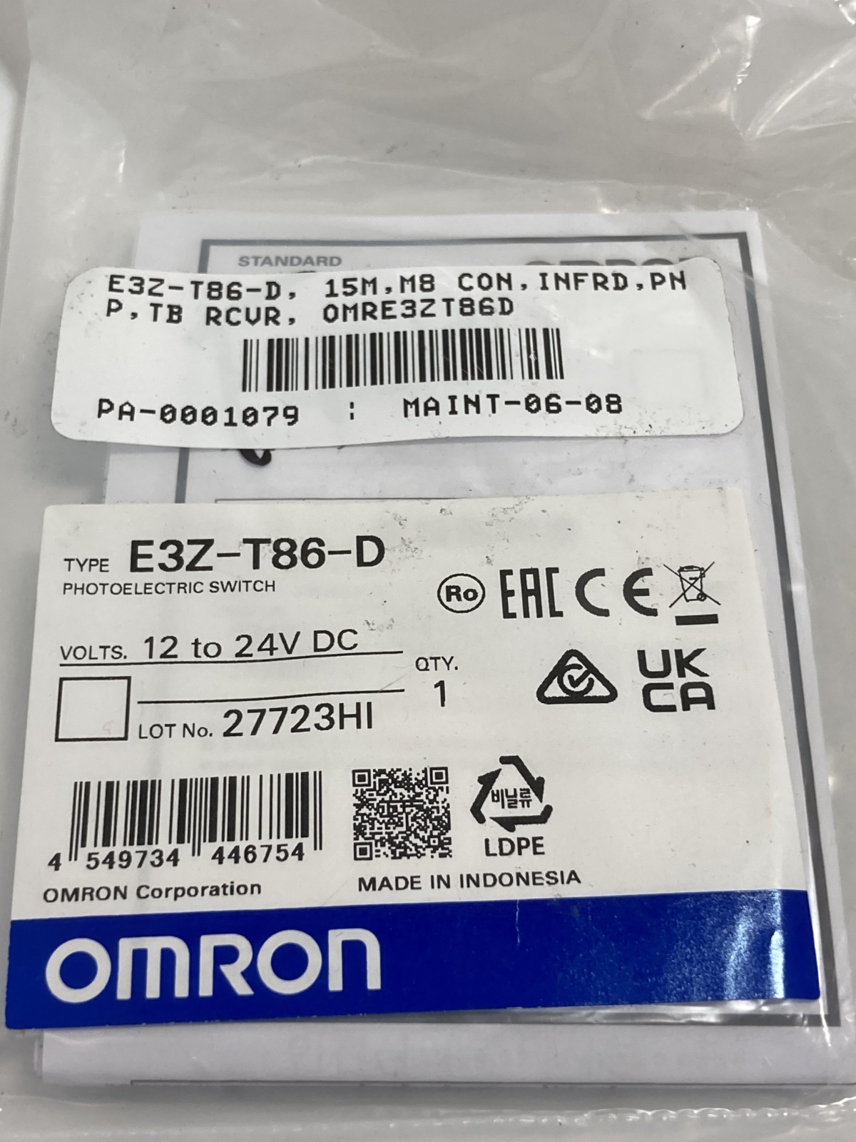 OMRON E3Z-T86-D PHOTOELECTRIC SWITCH 12-24VDC 15M SN PNP M8 CONN NIB
