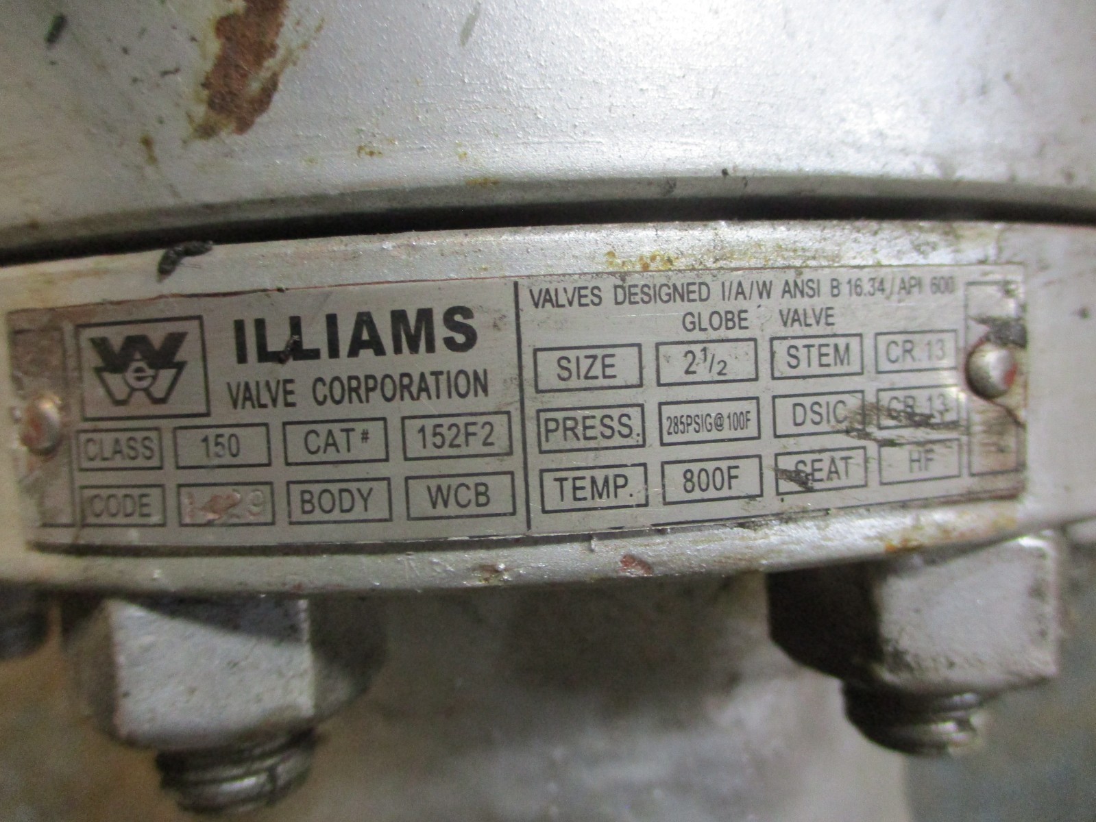 Williams CAT# 152F2 Size 2-1/2 Globe Valve B16.34/API600 WCB CR13 53453AES