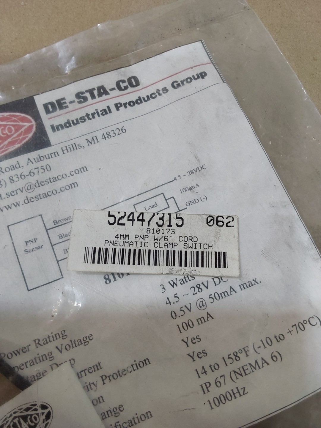 DE-STA-CO, 810173 4MM PNP W/6″ CORD PNEUMATIC CLAMP SWITCH