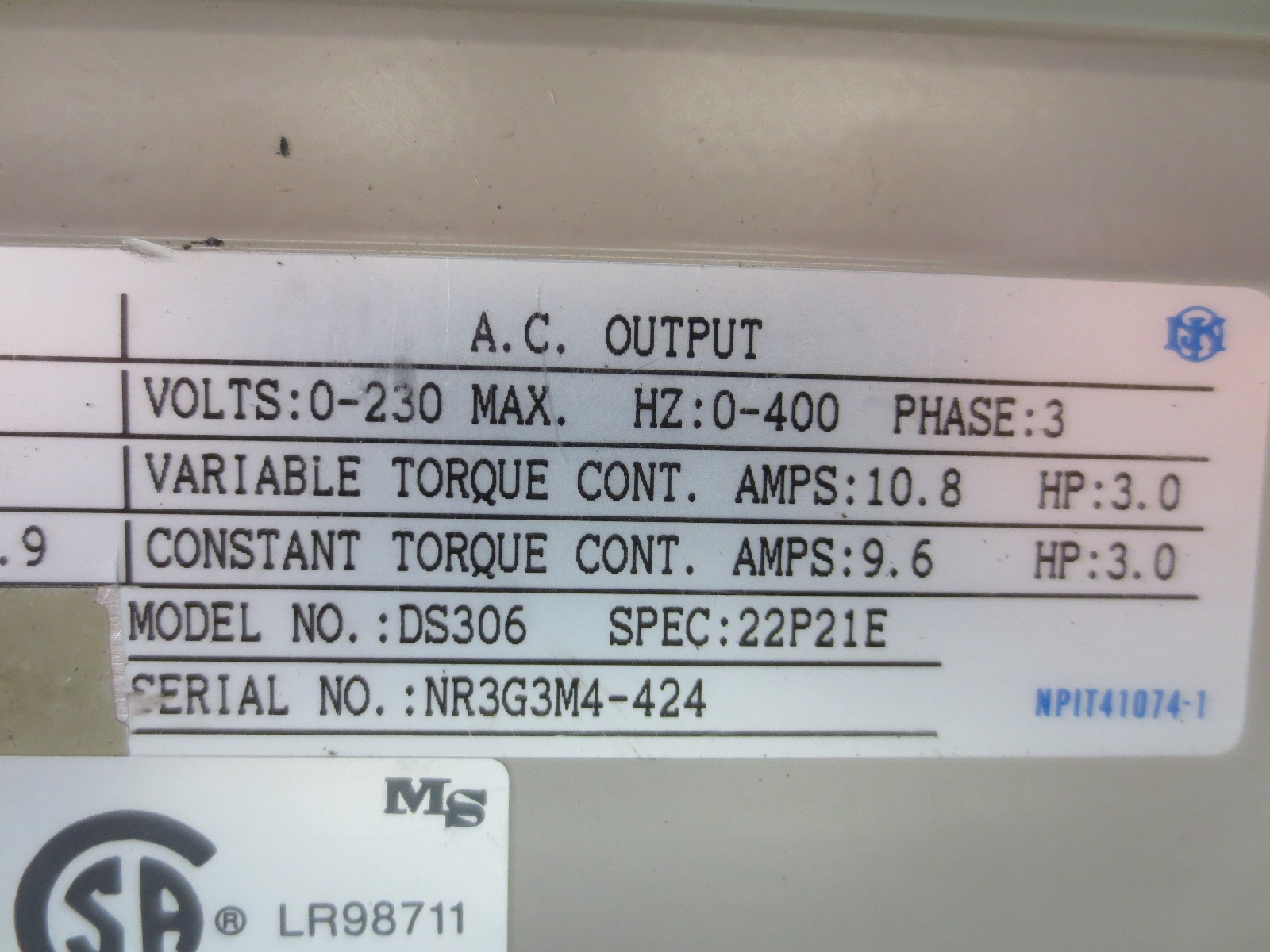 POWRMASTER AC SPINDLE DRIVE POWERMASTER IDM DS306 22P21E NR3G3M4-424 TYPE 1
