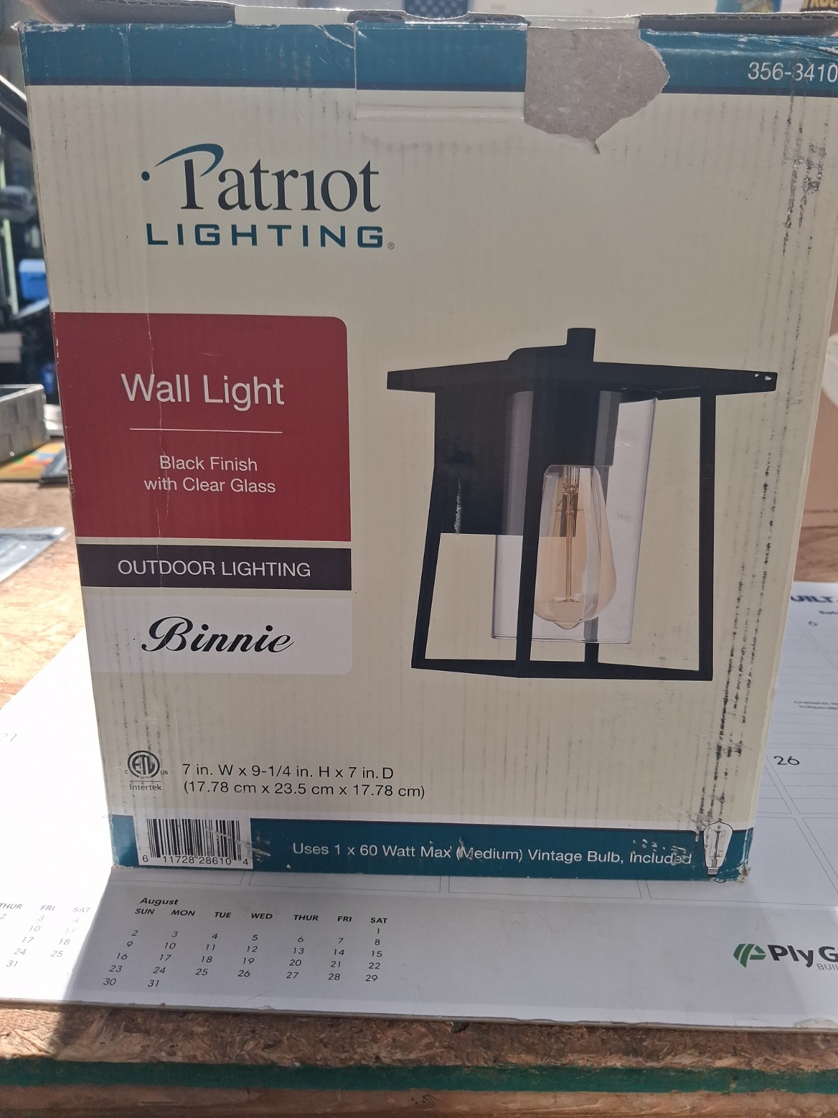 Patriot 356-3410 Wall Light Black Finish Clear Glass- Binnie-NEW –