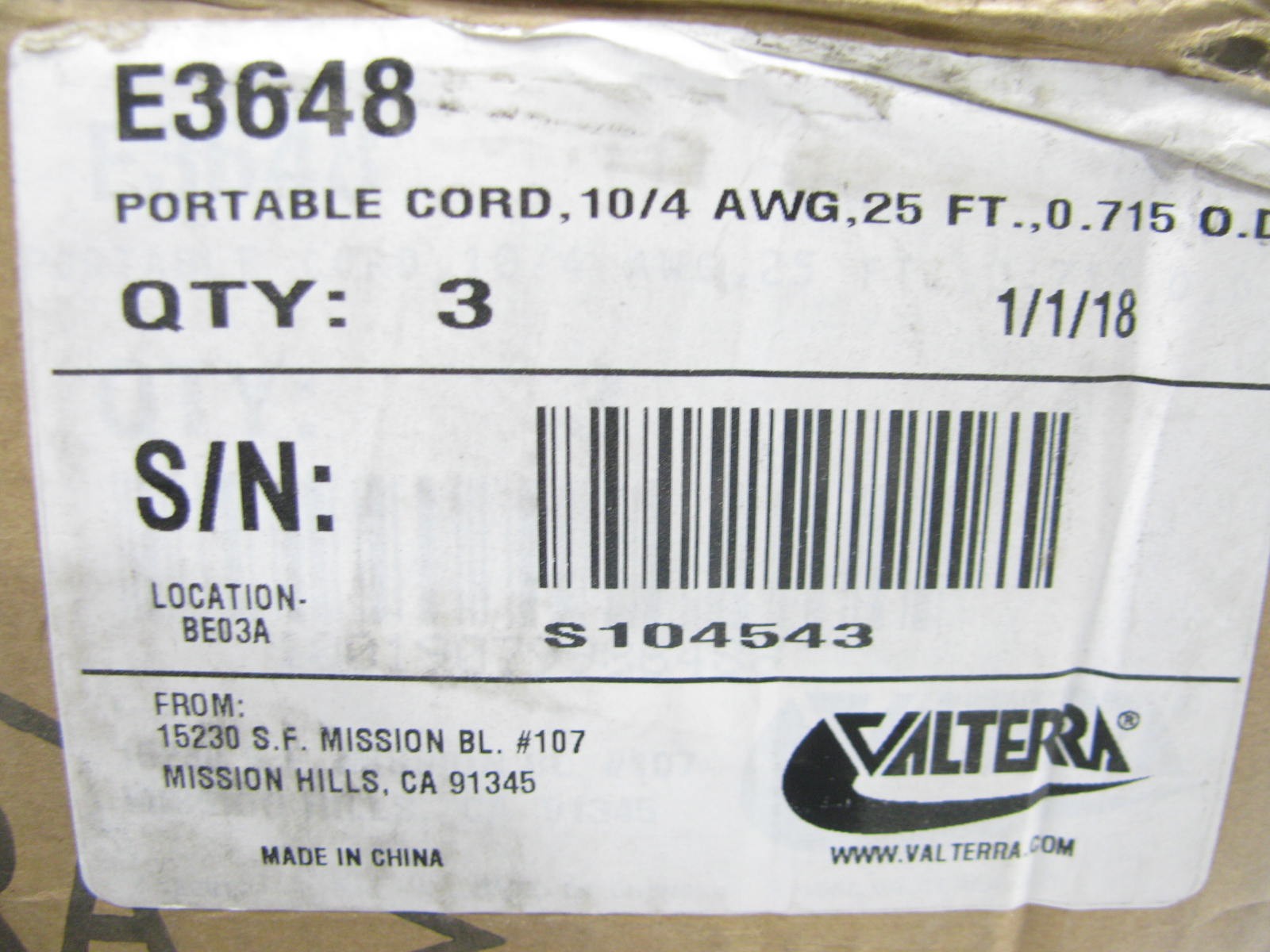 25 FEET- Valterra E3648 PORTABLE CABLE CORD, 10 AWG, 4 STRANDS, 600V Max