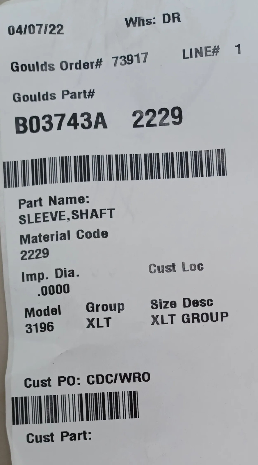 GOULDS B03743A SHAFT SLEEVE