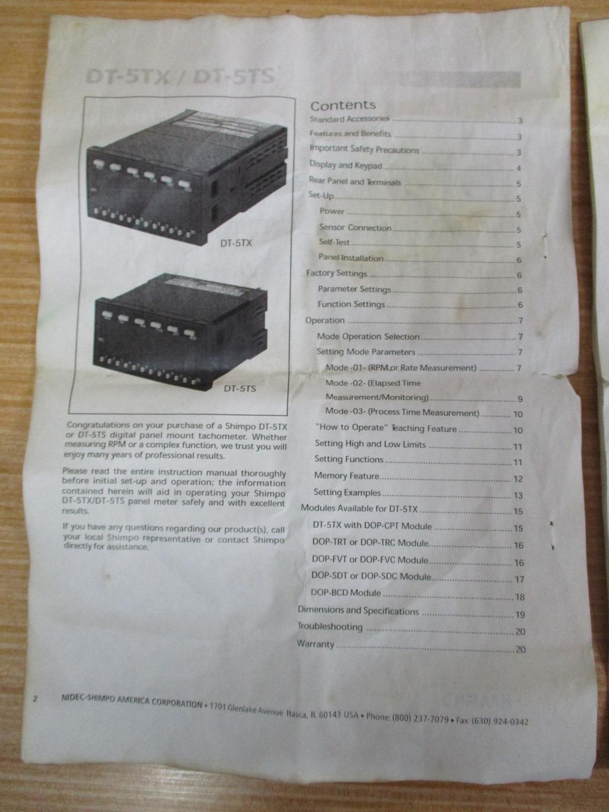 Nidec DT-5TX/DT-5TS Tachometer Instruction Manual