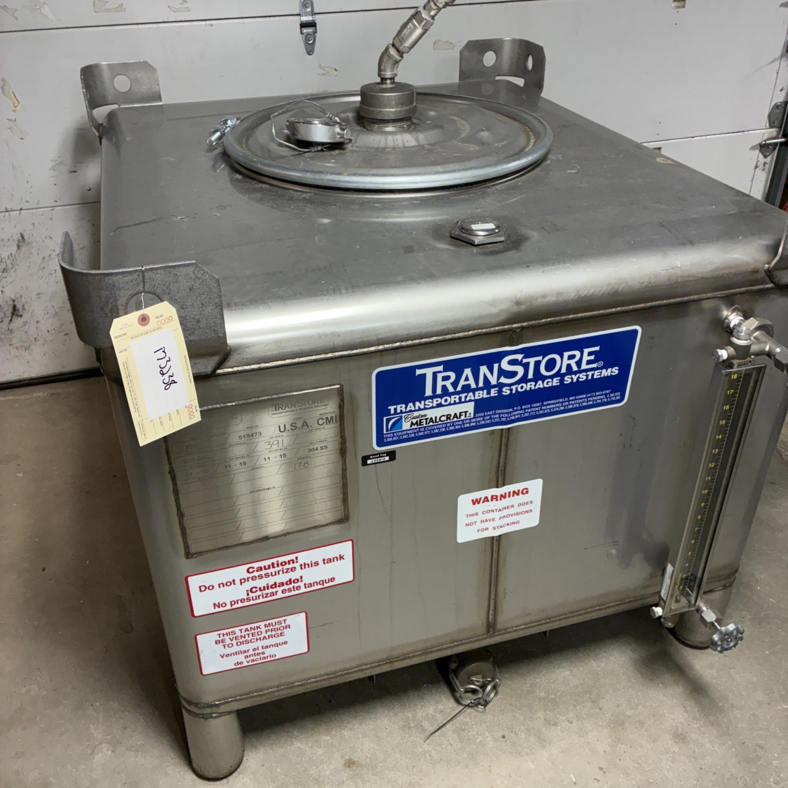 TranStore 250 Gallon 304 Stainless Steel Stackable IBC W/ Liquid Site Glass