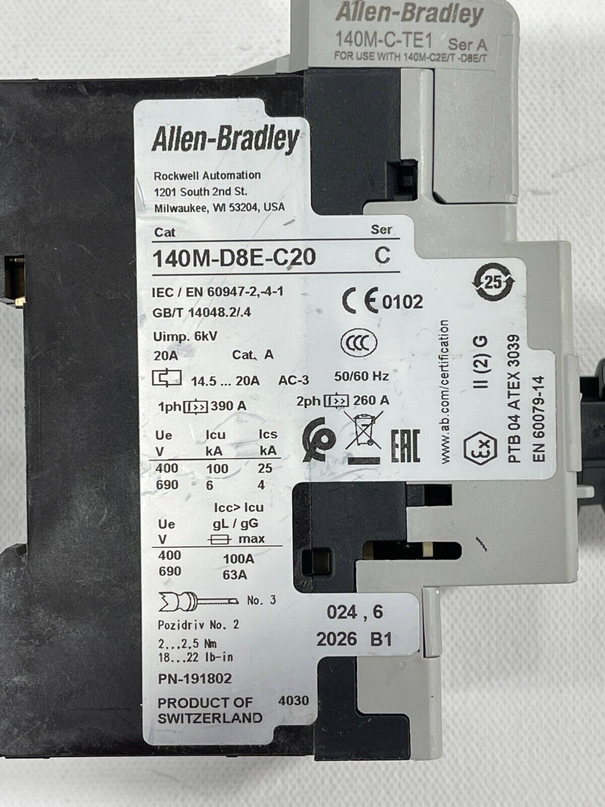 New! Allen Bradley 140M-D8E-C20 Circuit Breaker Motor Protection 14.5-20A