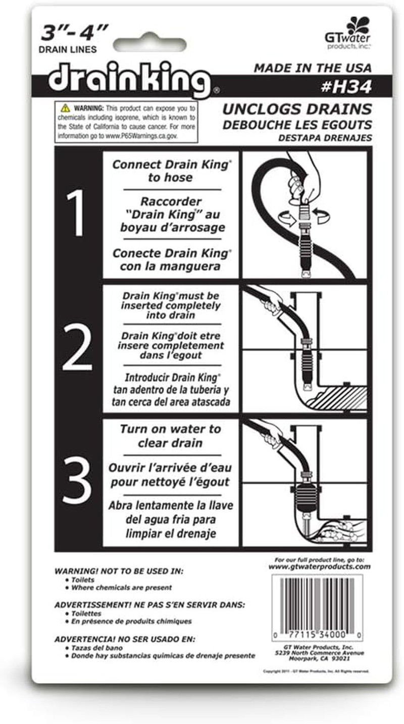 H34 Unclogs Sewer Lines, Main, and outside Deck Drains, 3 to 4 Inch