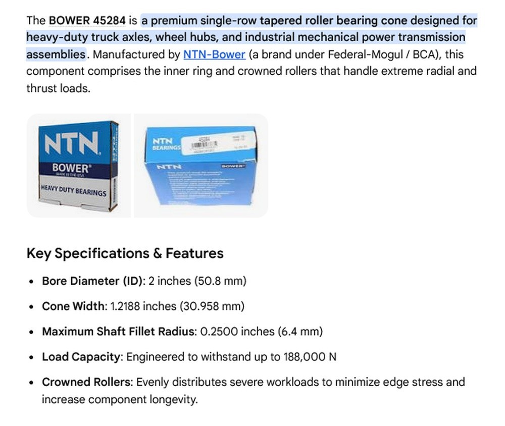 1 NEW BOWER 45284 TAPERED ROLLER BEARING CONE NNB ***MAKE OFFER***