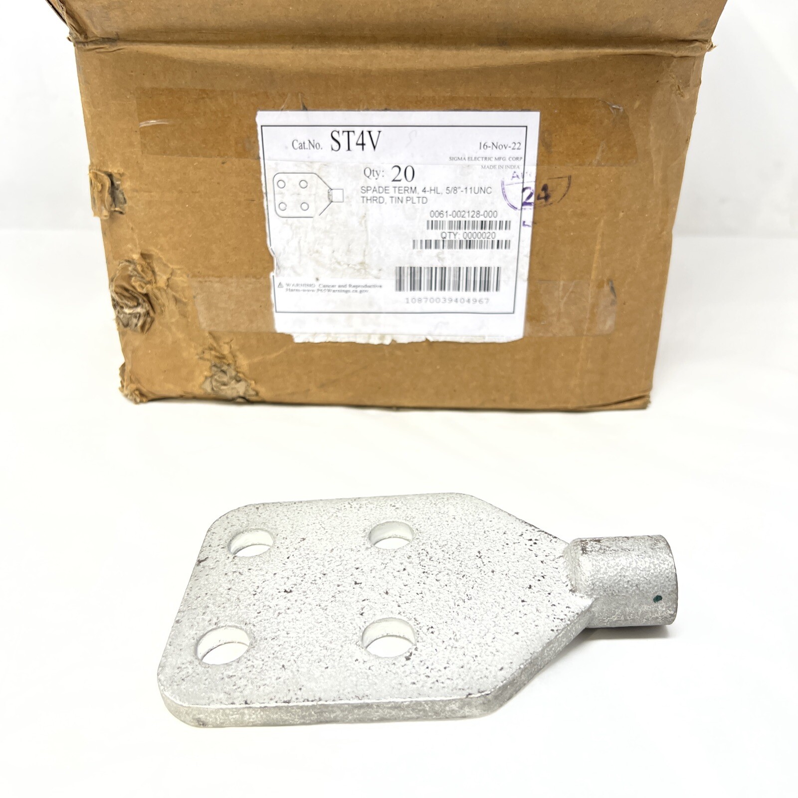 Sigma Electric ST4V Spade Term, 4-HL, 5/8”-11 UNC, Tin Plated Transformer Spade