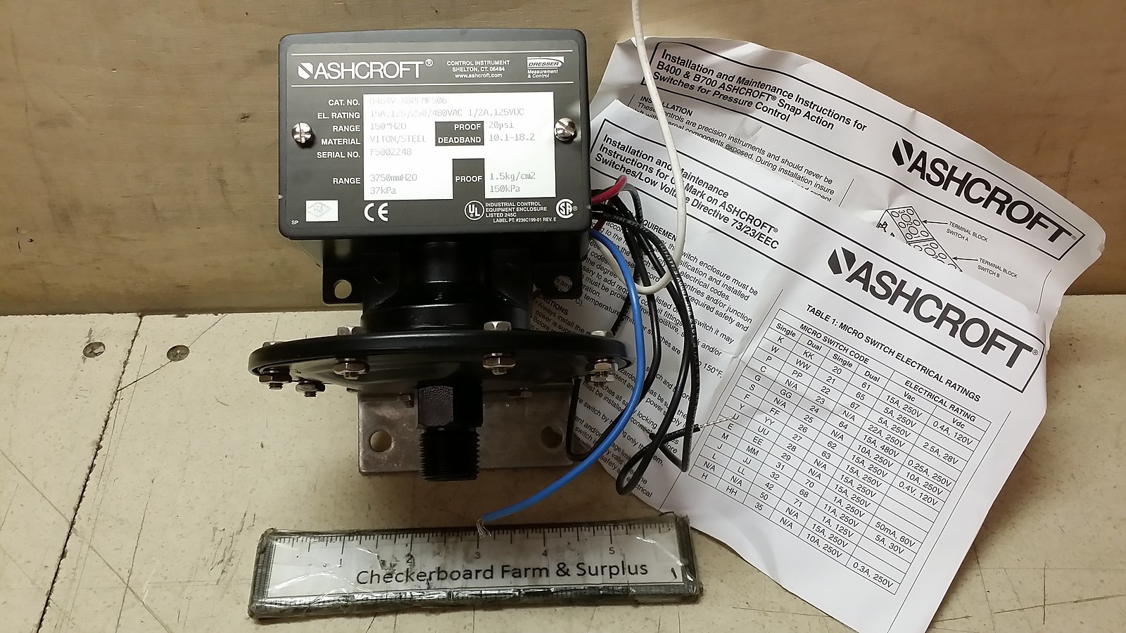 NOS Ashcroft Pressure Switch B464V XBPFMFS06 XFMFS06 150″ H2O 20 PSI 480 V-AC