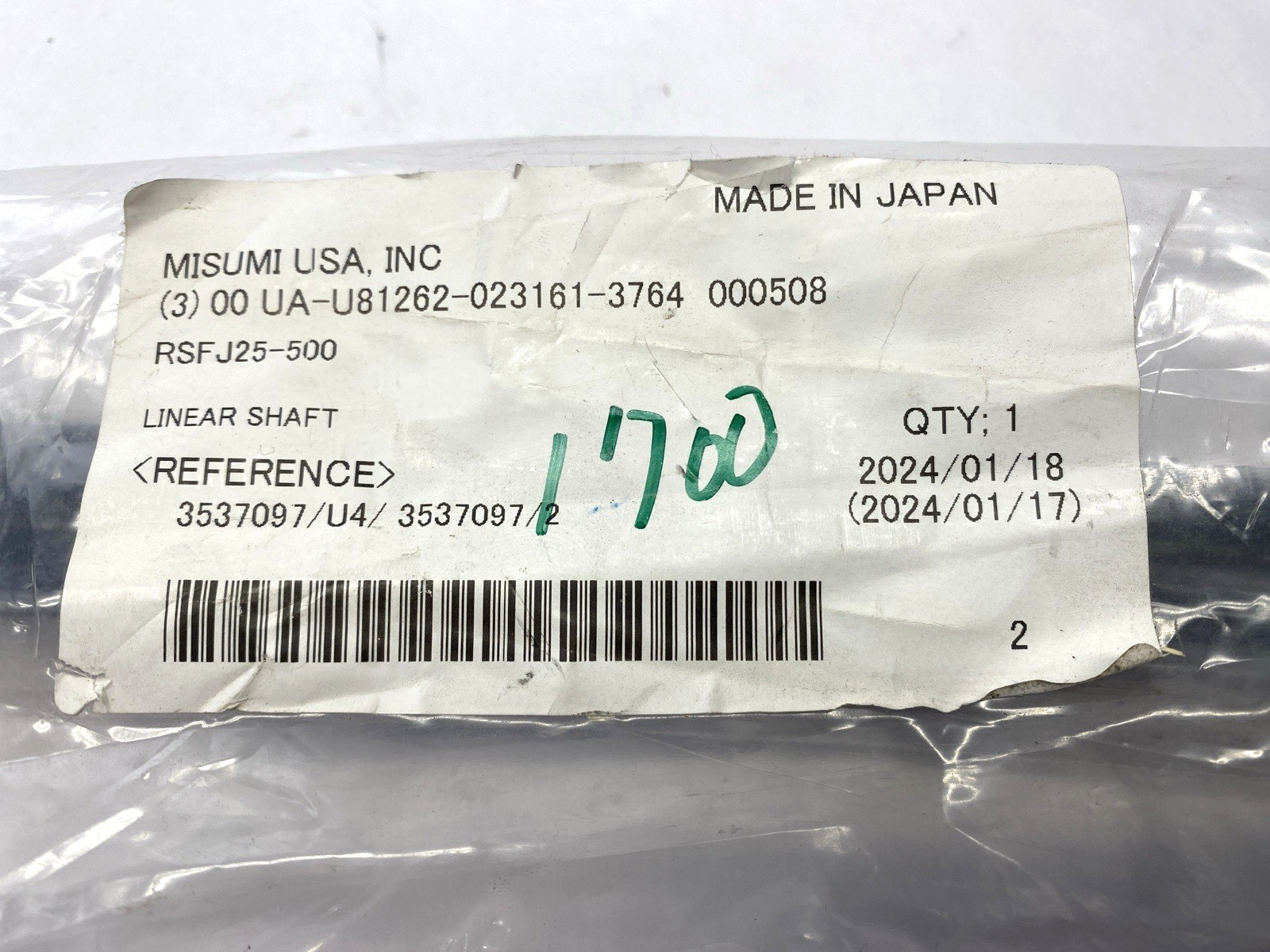 Misumi RSFJ25-500 Linear Shaft 500mm Length 25mm Shaft Diameter