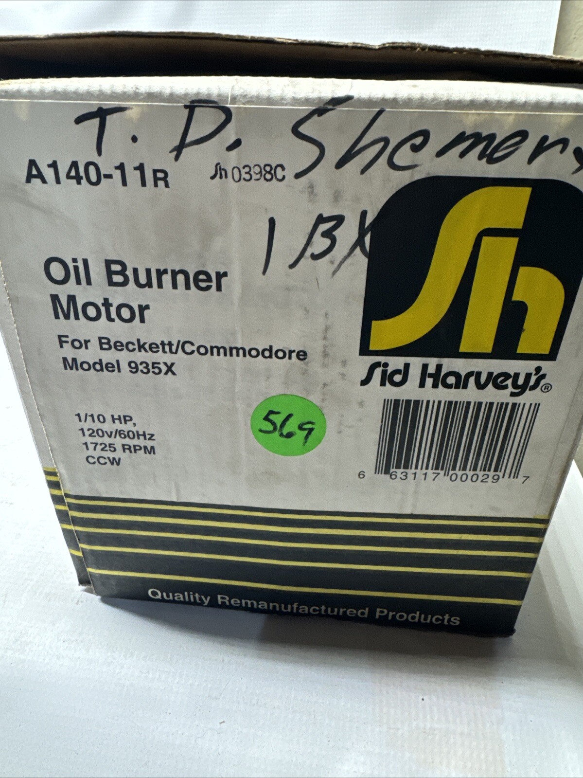 NEW SID HARVEY’S A140-11R 1/10HP 120V 1725RPM ROT.CCW TWO HOLE FLANGE MOTOR