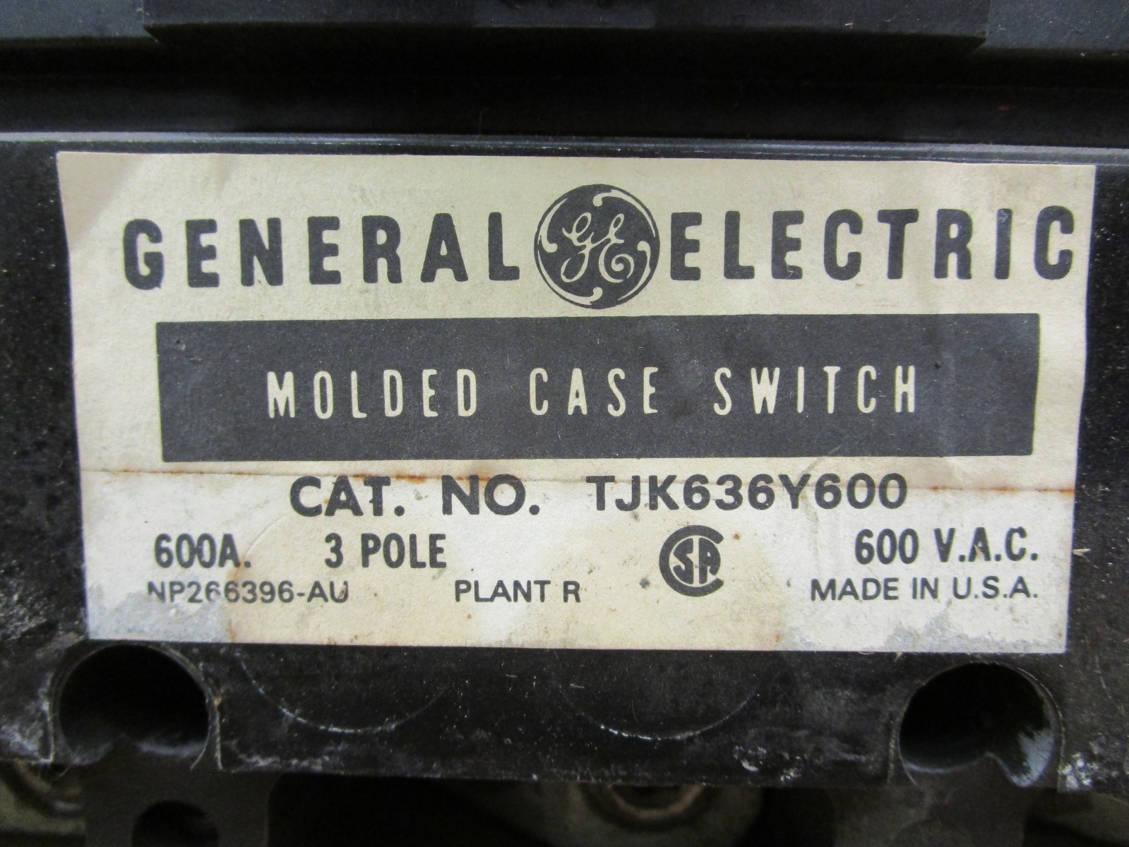 General Electric TJK636Y600 600A 3 Pole 600VAC Molded Case Switch 51597LR