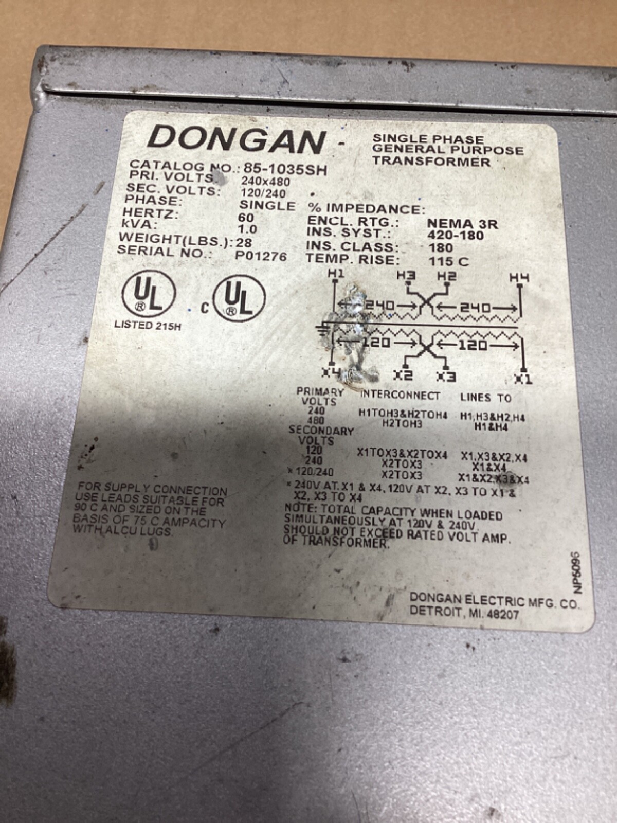 Dongan 85-1035SH P05235 Single Phase General Purpose Transformer #120B85PR3