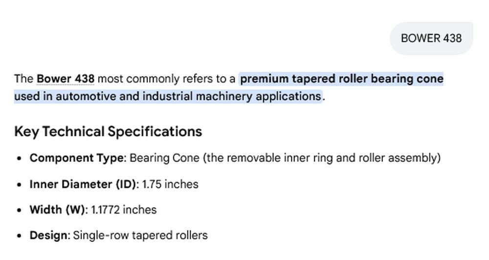 1 NEW BOWER 438 TAPER ROLLER BEARING CONE NIB ***MAKE OFFER***