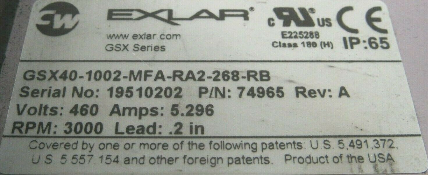 NEW EXLAR GSX40-1002-MFA-RA2-268-RB LINEAR ACTUATOR 460V 74965 3000 RPM