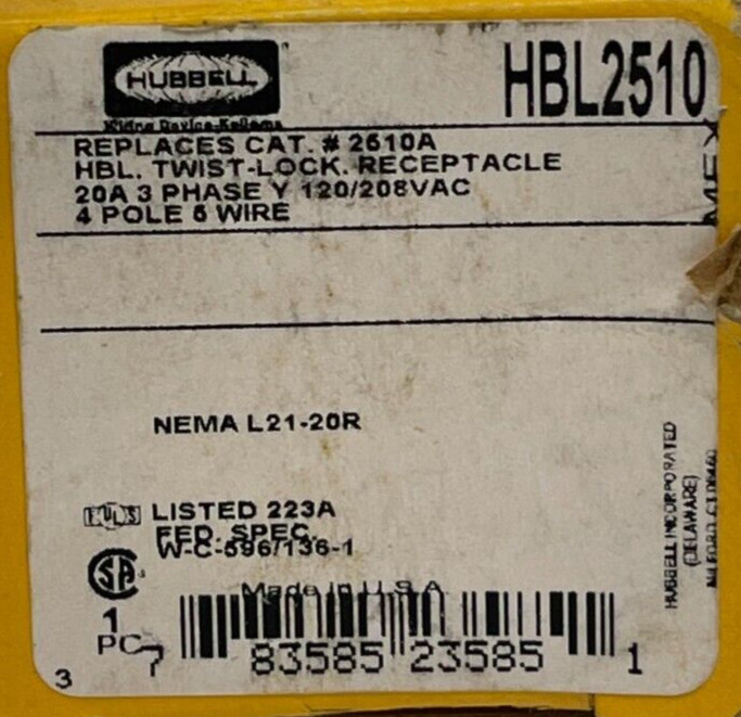 HUBBEL HBL2510 4POLE, 6 WIRE, 20 AMP, 3 PHASE TWIST AND LOCK RECEPTACLE