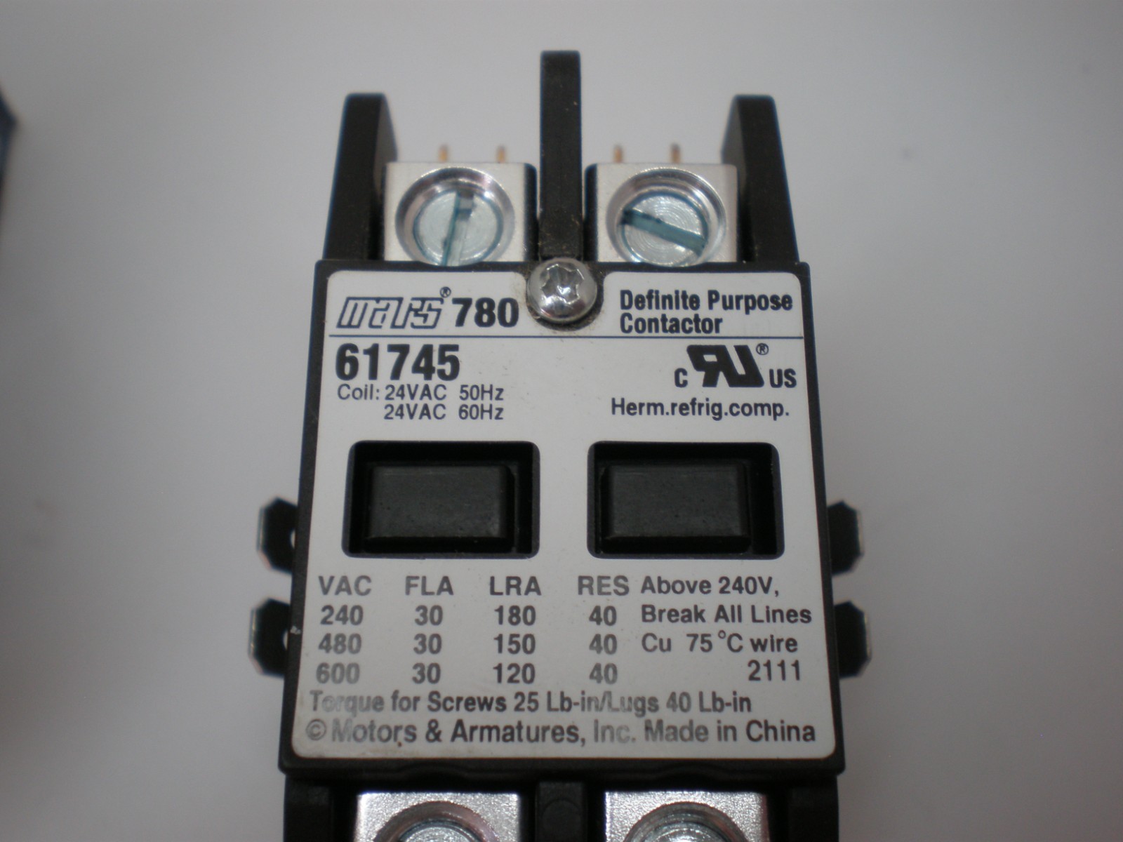 Mars 780 Definite Purpose Contactor 61745 2 Pole 30FLA 40RES 24VAC Coil