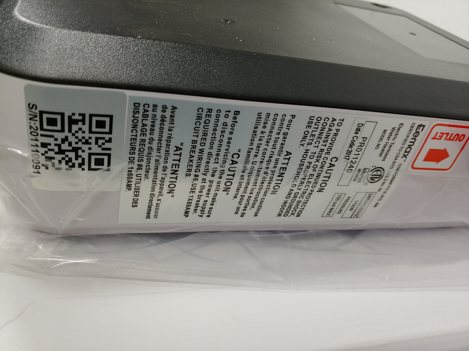 Eemax Pr011240 240Vac Electric Tankless Water Heater