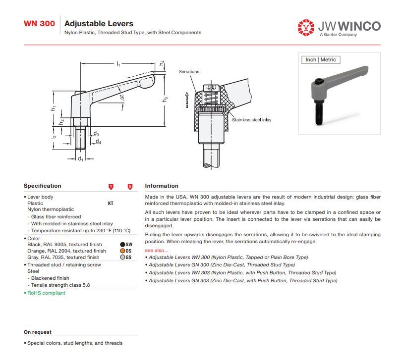 JW WINCO WN300-KT-45-M6-16-SW Plastic Adjustable Lever