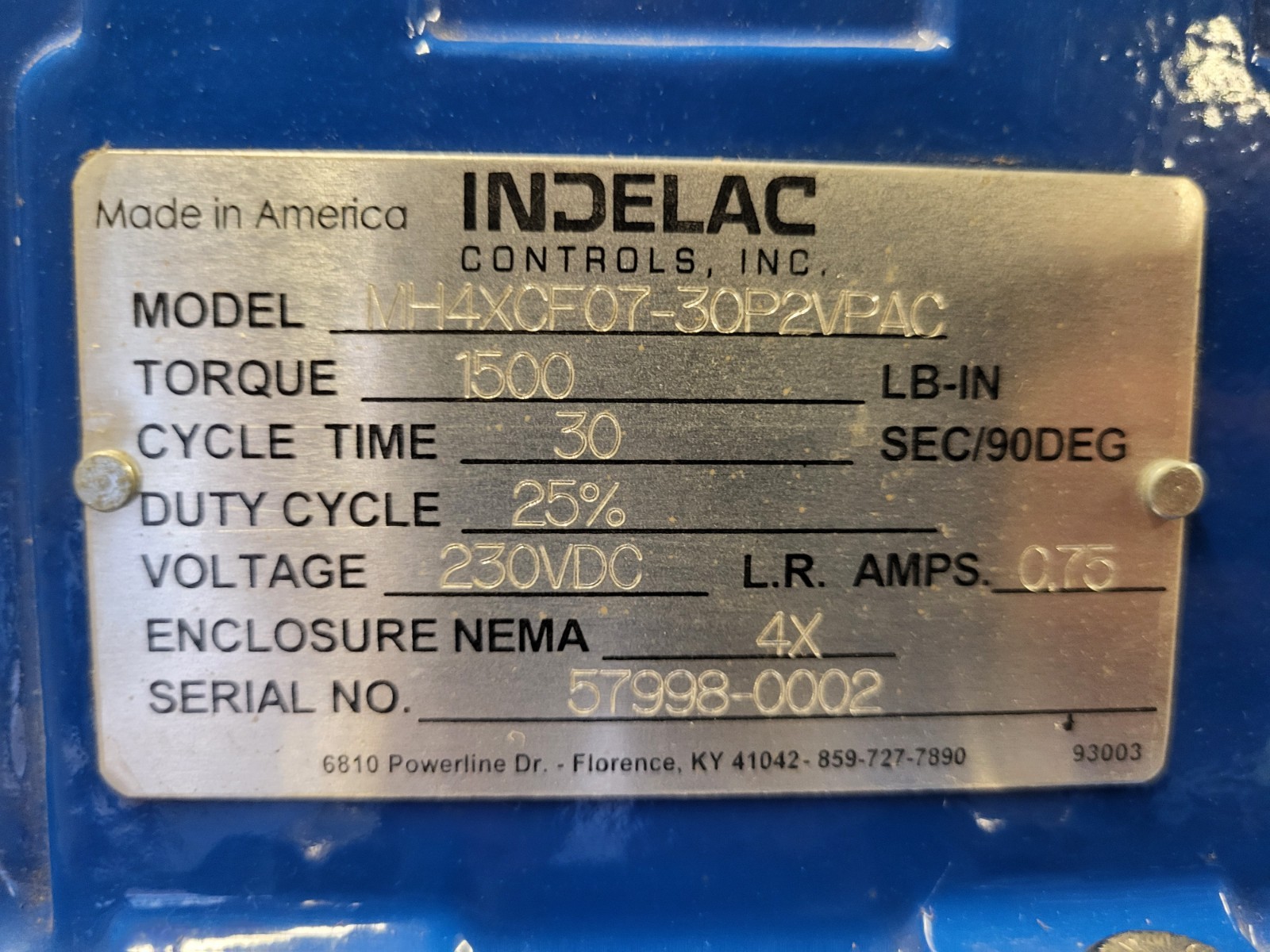 Indelac Controls MH4XCF07-30P2VPAC Actuator, 230VDC 1500 IN LBS